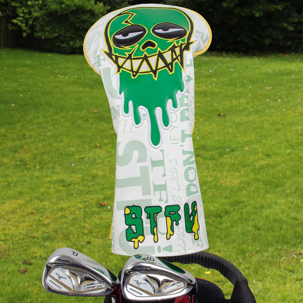 White Green Skull Embroidered Golf Head Cover Set with Iron Suction