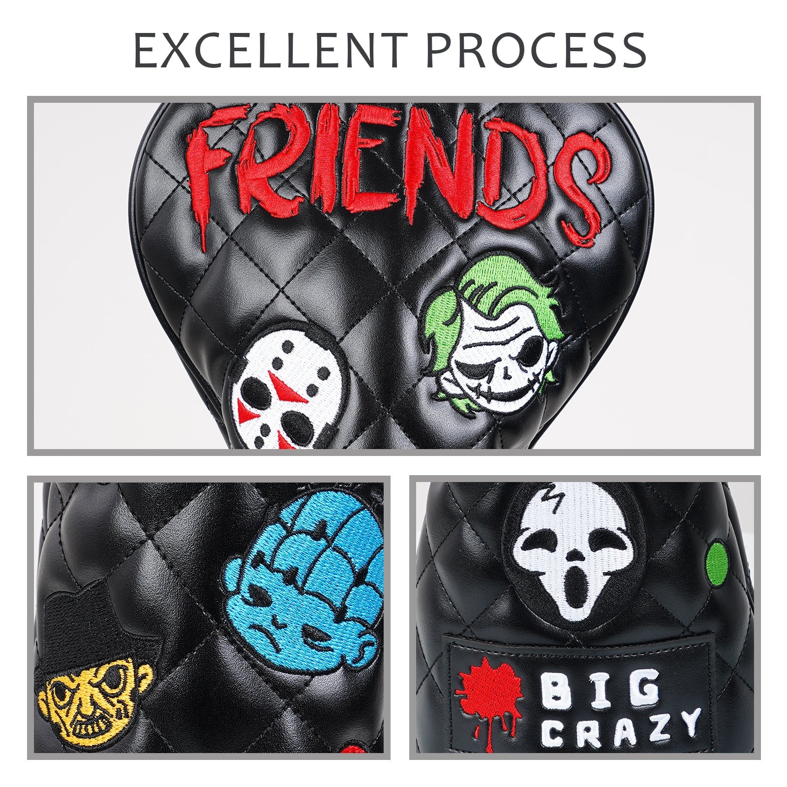 Black Evil Friends Embroidered Wooden Head Cover