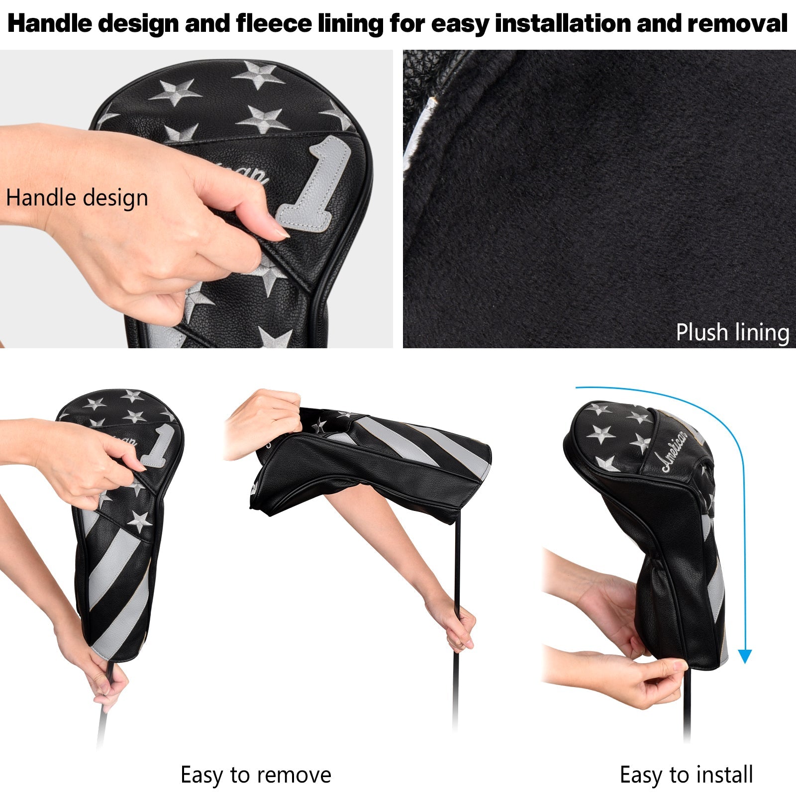 Stars and Stripes Black Leather Golf Wood Head Cover-CraftsmanGolf